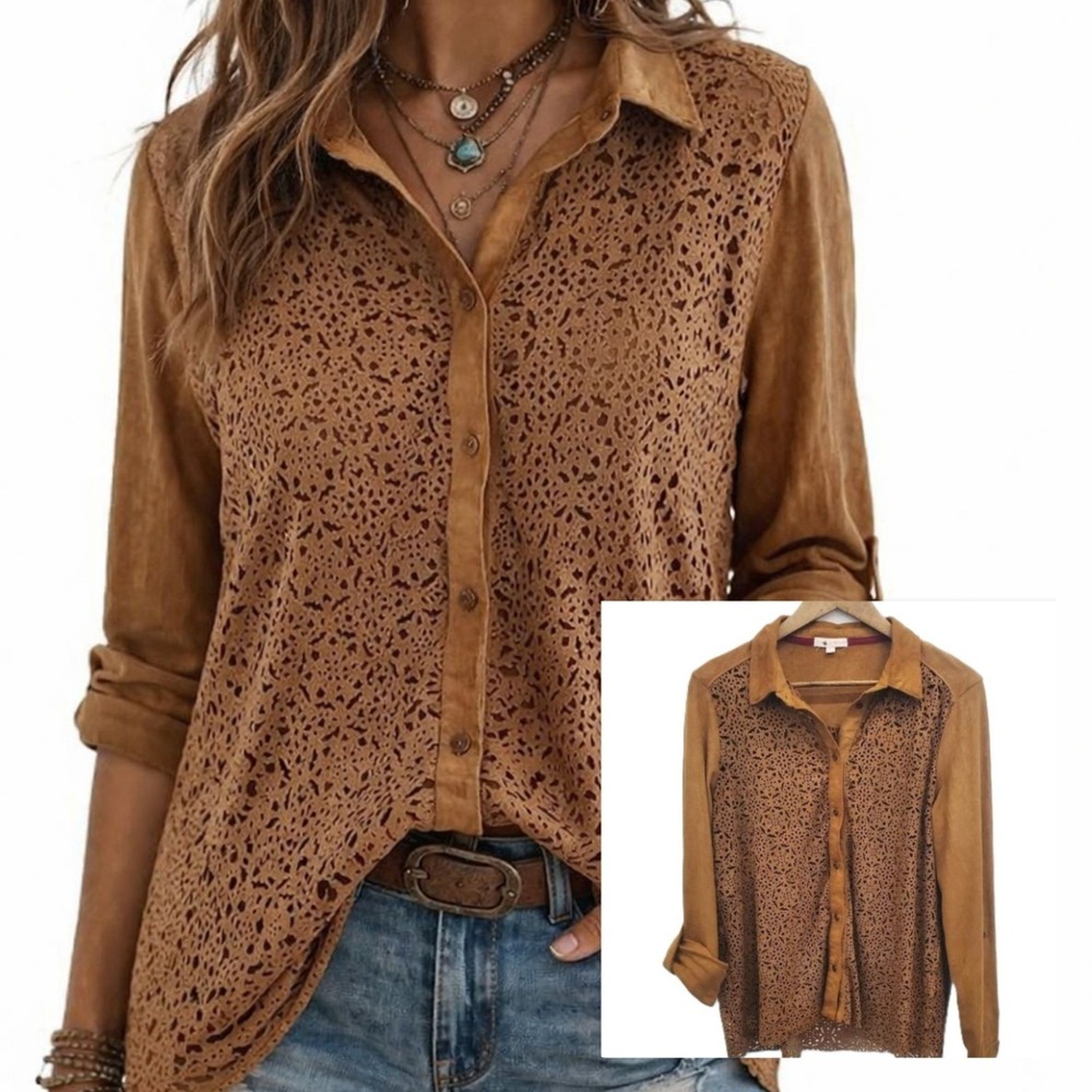 Coco Jaimeson Western Faux Suede Blouse Laser Cut‎ Button Up Roll Tab Festival L